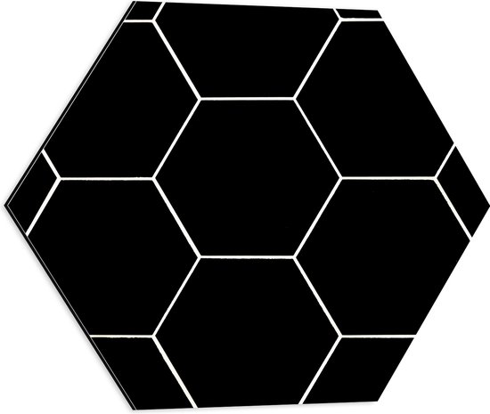 Dibond Hexagon - Hexagon Vormen in het Wit tegen Zwarte Achtergrond - 50x43.5 cm Foto op Hexagon (Met Ophangsysteem)