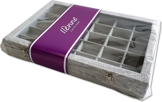 Ilènne - Sieradendoos - 30 vakjes - Grijs - met deksel - 35x24x5 cm