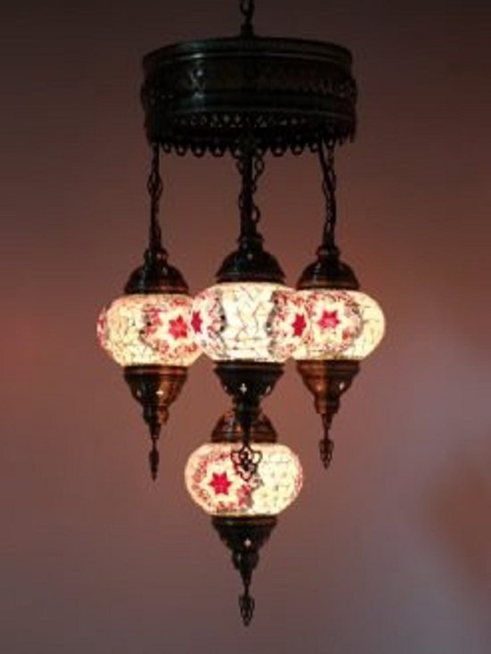4 globe Mozaïek glas Turkse hanglamp Oosterse kroonluchter roos rood zilver