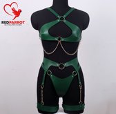 Lederen bondage harnas vrouwen | 4-delig | BDSM Full body harnas | Kettingen | String | Beha | Handboeien | Been banden