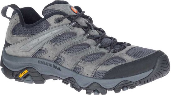 Grijze Merrell wandelschoen, zijkant, met mesh en zwarte zool