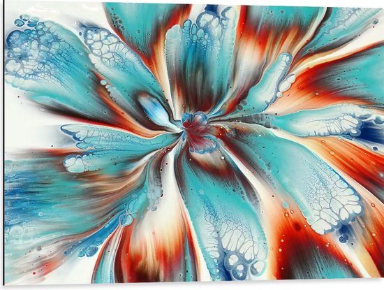 Dibond - Abstracte Verfmix van Blauw en Oranje - 80x60 cm Foto op Aluminium (Wanddecoratie van metaal)