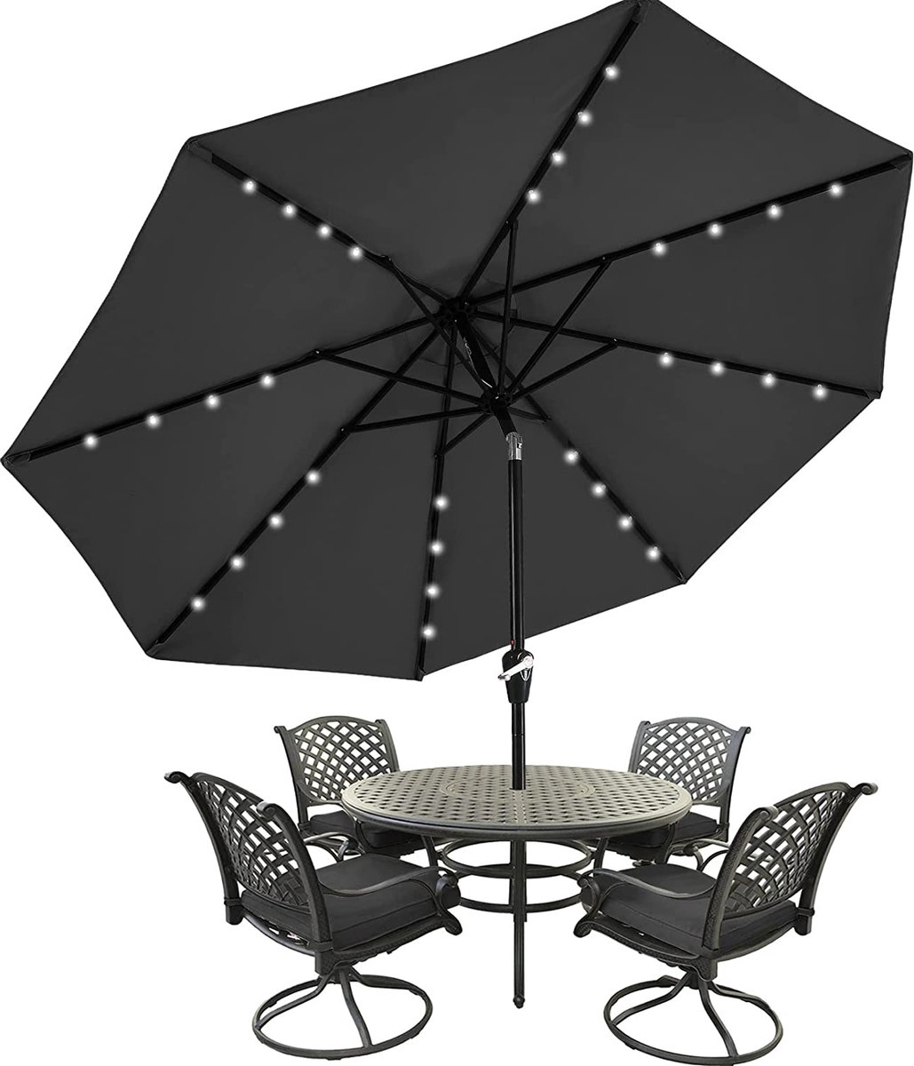 Stylish blue garden parasol with wooden pole and round canopy, perfect for outdoor relaxation.