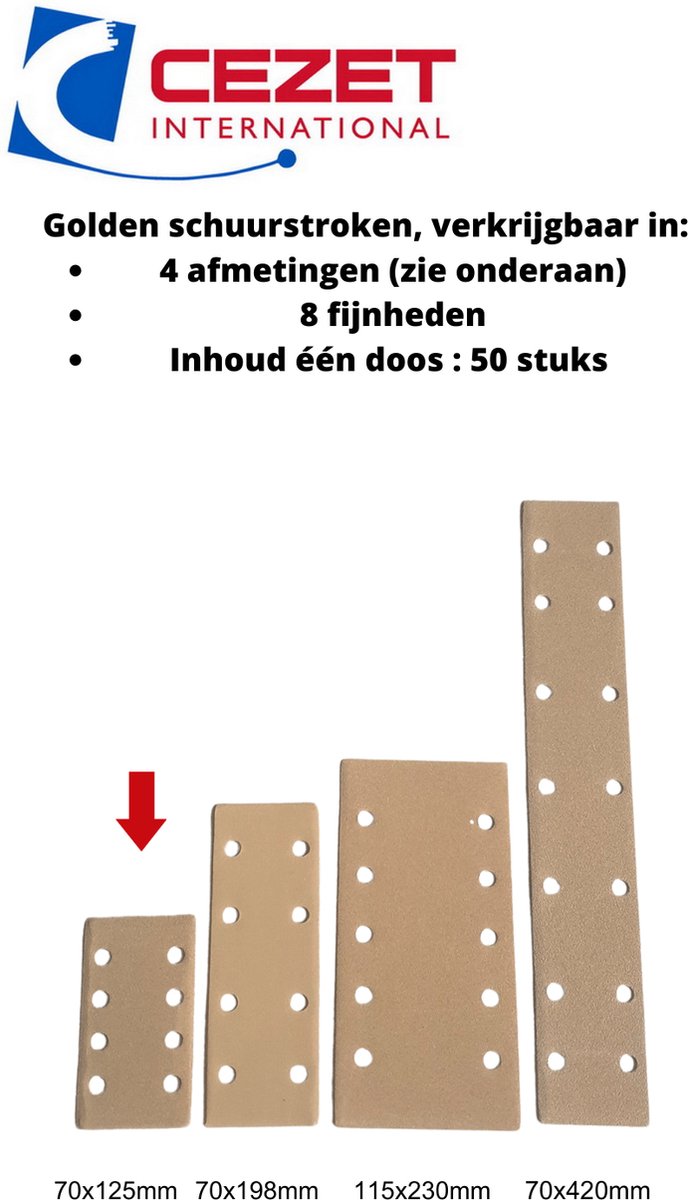 CEZET Golden schuurpapier strook - grit 320 - 70x125 mm - 8 gaten - 50 stuks - schuren auto, boot enz.