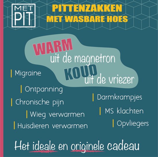 Pittenzak XL Met Pit! – Extra lang  –  Wasbare hoes  –  Pittenkussen met tarwe  –   Magnetron / vriezer  –  Made in NL – Okergeel grafisch - Met Pit