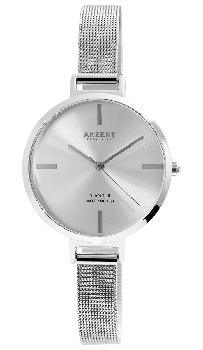 Akzent-Dames horloge-Analoog-Rond-30MM-Zilverkleurig-Zilverkleurige Milanese band.