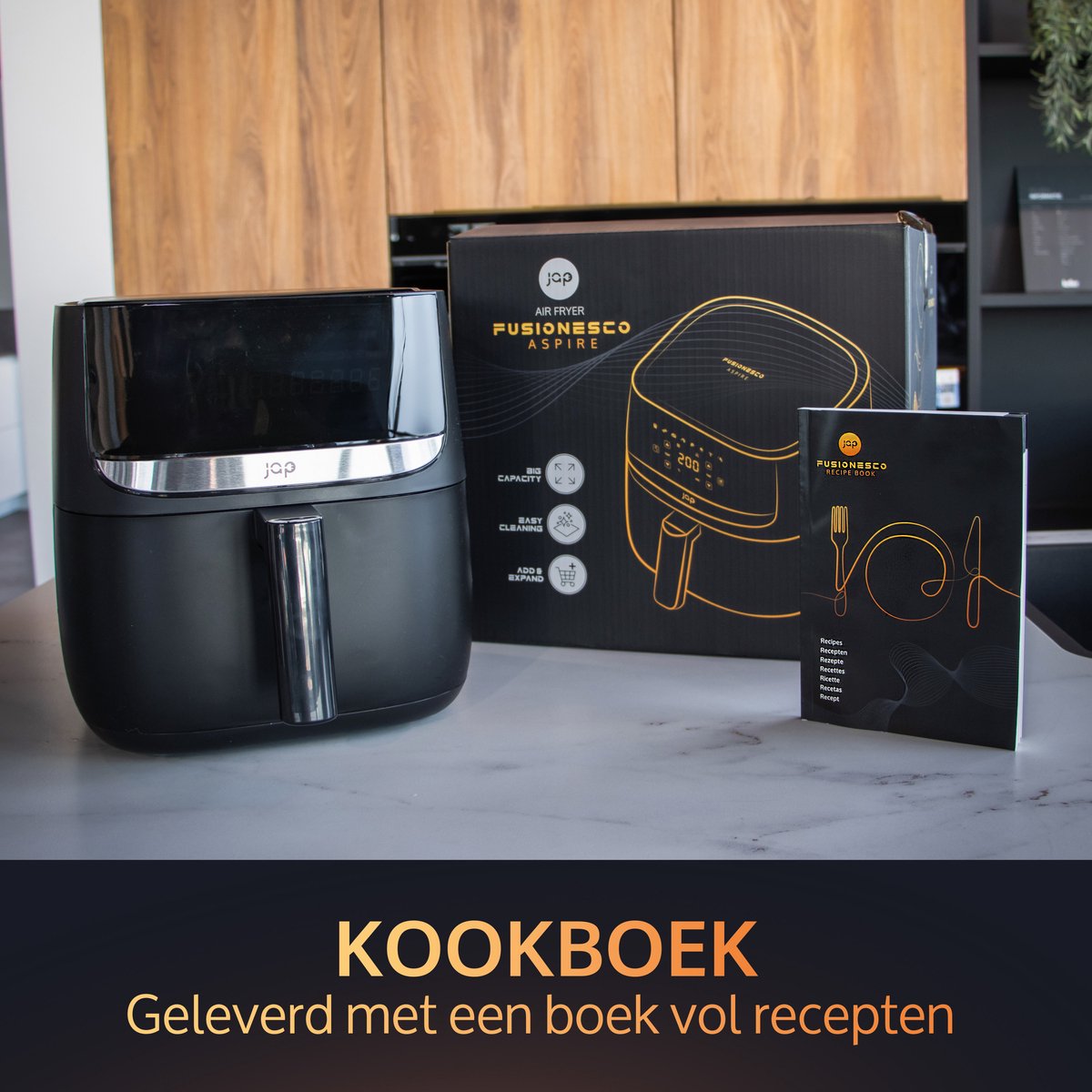 Afbeelding 3 van JAP Appliances Aspire - Airfryer - Inclusief 20 stuks bakpapier - Digitaal Kookboek - Grote XXL Heteluchtfriteuse - PFAS-vrij - Digitaal touchscreen - 1700W