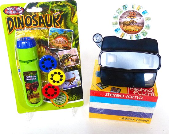 Viewmaster viewer met Dino 3D schijf en Dinosaurus projector/zaklamp