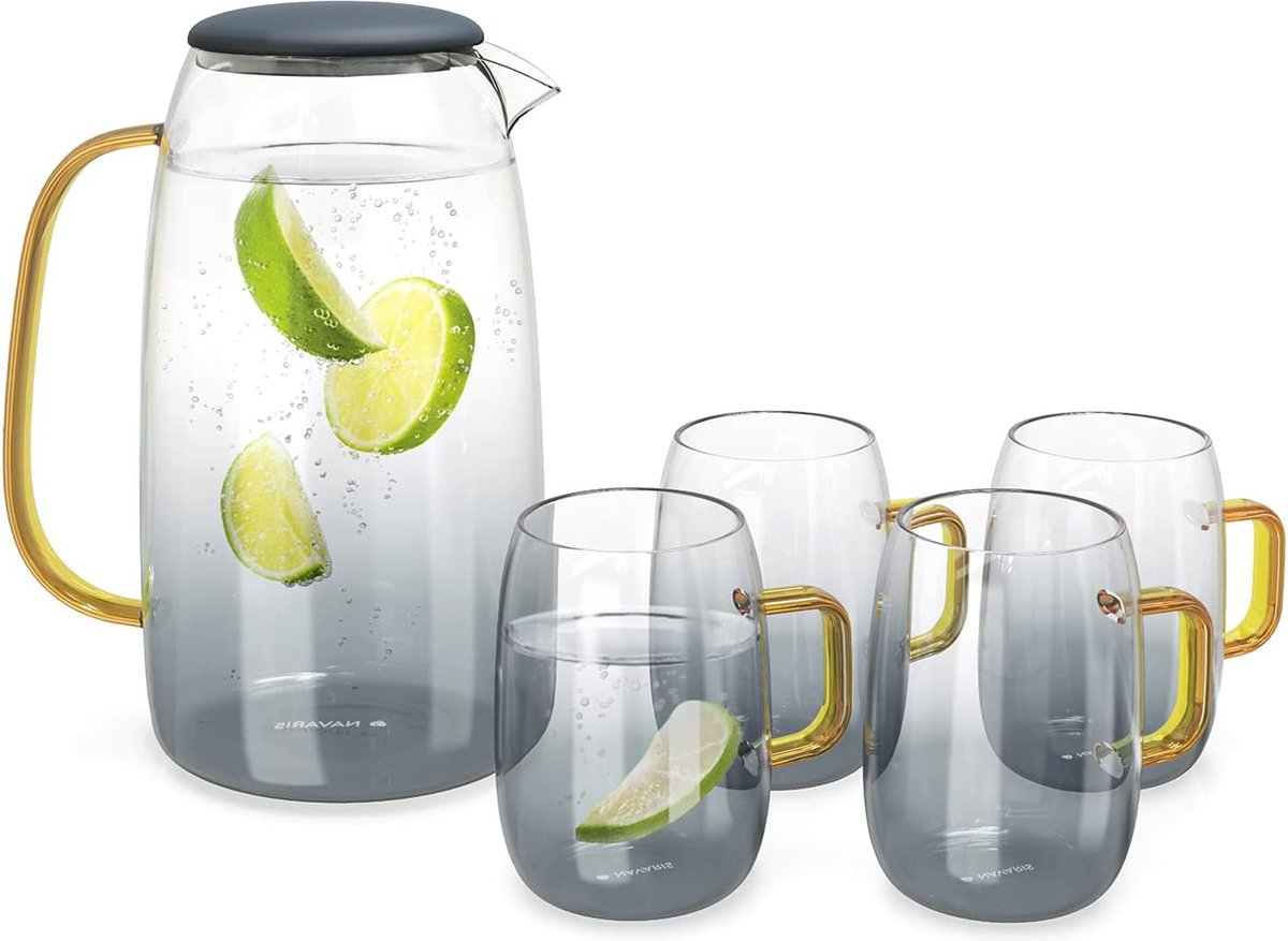 Waterkaraf 1,55 l met vier glazen - karaf van glas met siliconen deksel voor koude en warme dranken - glazen kan set incl. vier glazen