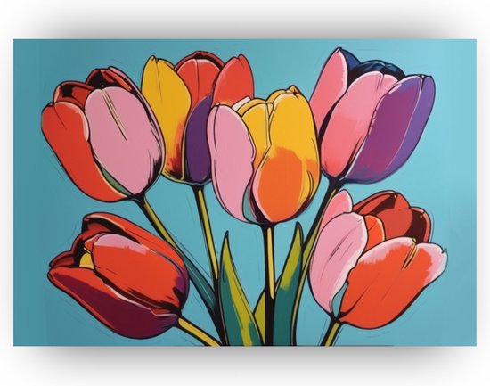 Tulpen Andy Warhol - Tulpen schilderij op canvas - Schilderijen Andy Warhol - Woonkamer decoratie industrieel - Canvas schilderij - Slaapkamer wanddecoratie - 90 x 60 cm 18mm