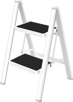 Trapladder, 2 treden, inklapbaar, ladder met breed anti-slip pedaal, opstapkruk met 150 kg capaciteit, wit