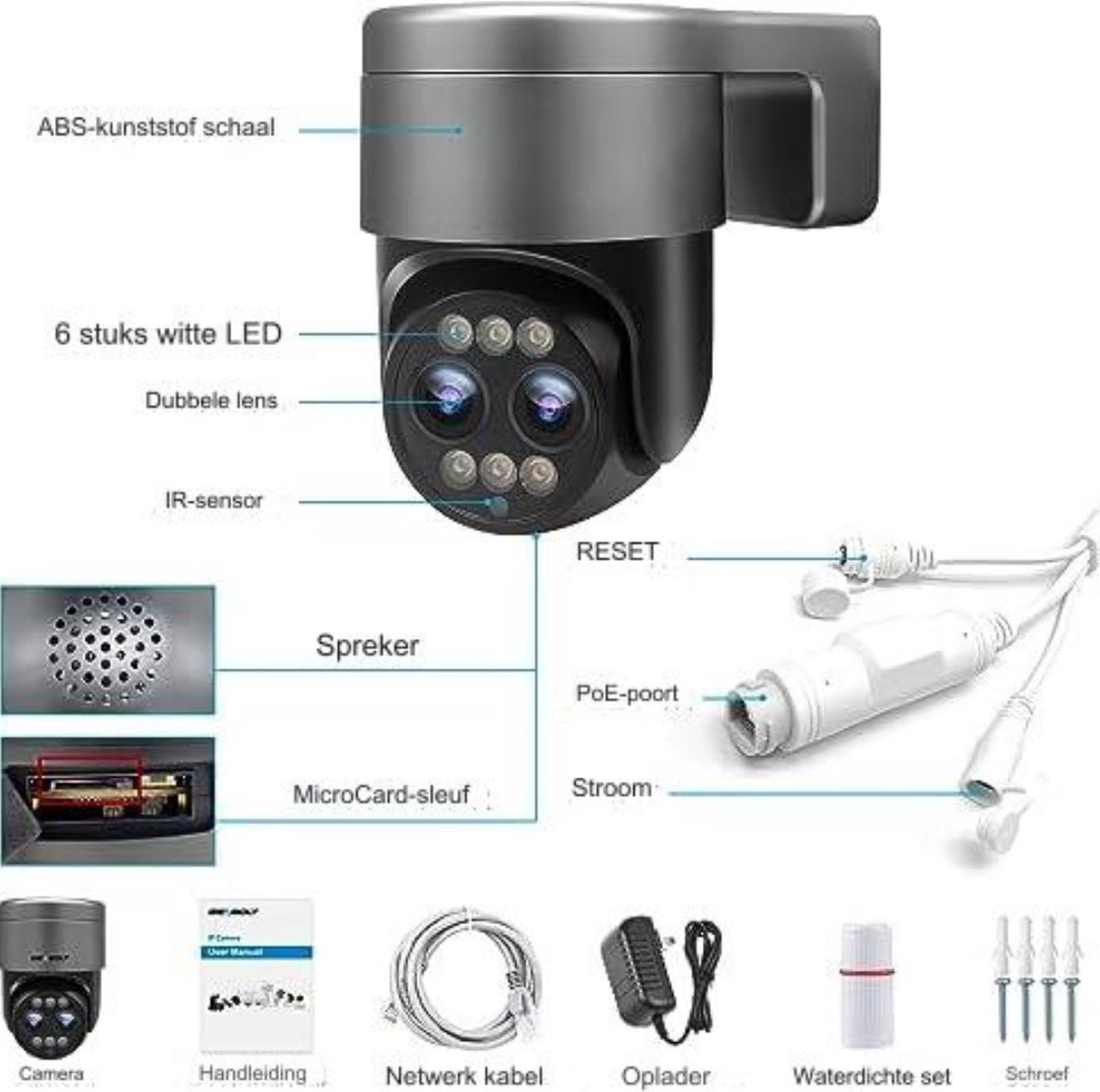 Beveiligingscamera - WIFI 2.5K - CCTV Bewakingscamera - 12X Hybride Zoom - IP Camera met Dubbele Lens - Nachtzicht