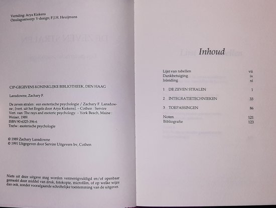 Binnenzijde boek met 'Inhoud' sectie en colofon informatie. Toont de inhoudsopgave met de titel 'De Zeven Stralen'.