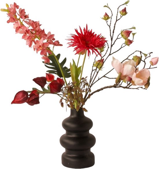 WinQ -Gebonden Boeket zijden bloemen - inclusief Vaas - Kunstbloemen in een mooie Mauve/Roze/Rood kleurstelling