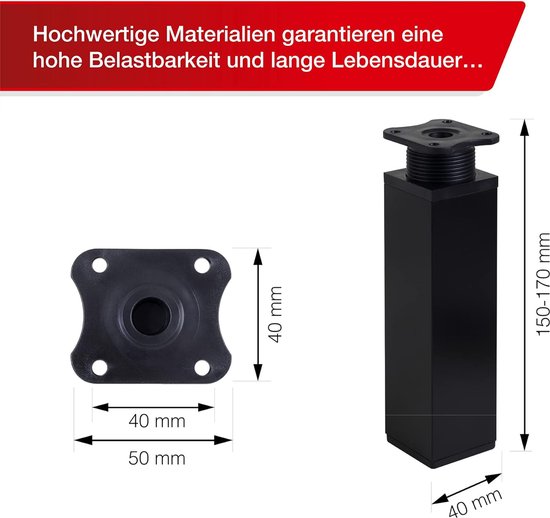 Tafelpoten Verstelbaar, 4 stuks Vierkante Meubelpoten Zwarte Tafelpoten Verstelbaar, 4 stuks Vierkante Meubelpoten Zwarte