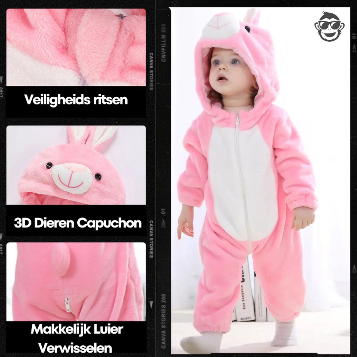 BoefieBoef Dieren Baby Onesie Peuter Pyjama Kinderen 6 maanden - 2 jaar – Konijn roze – Verkleedkleding met Luierrits – Kerst Carnaval Dierenpak - Kraamcadeau – Zacht Flanel - Romper - Boxpak - Jongen - Meisjes - Kruippak - Winterpak - Pasen - Rabbit — afbeelding 5