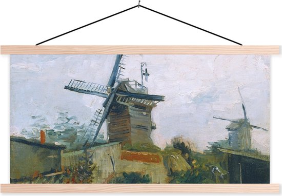 Posterhanger incl. Poster - Schoolplaat - Molens op de Montmartre - Vincent van Gogh - 150x75 cm - Blanke latten