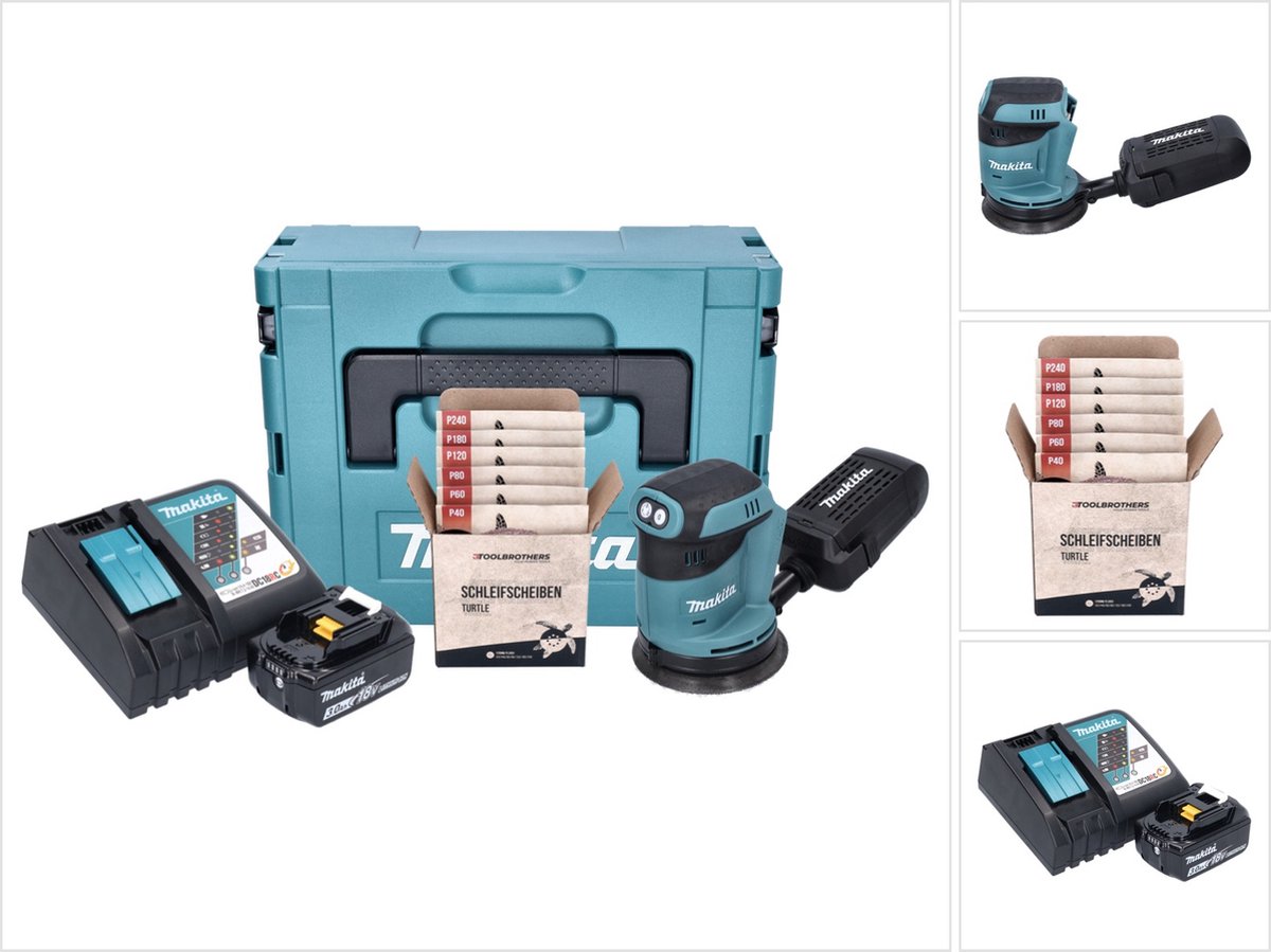 Makita DBO 180 RF1J accu excentrische schuurmachine 18 V 125 mm + 1x accu 3,0 Ah + oplader + Toolbrothers TURTLE schuurset + Makpac