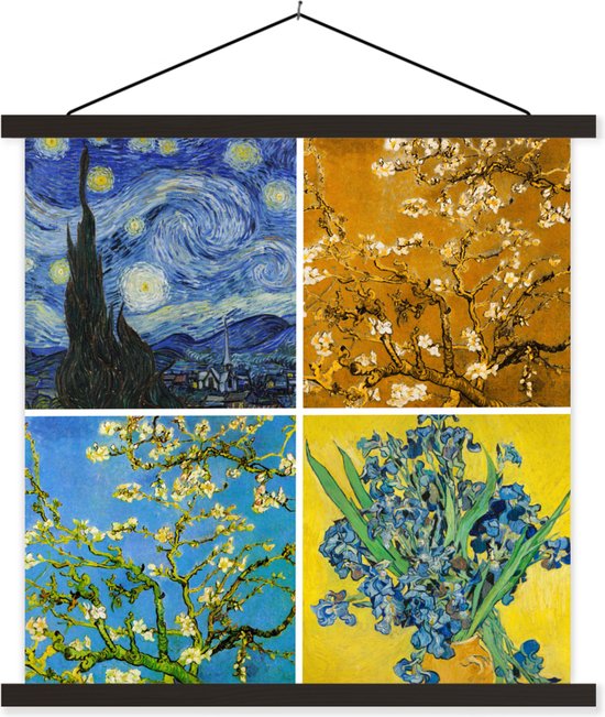 Posterhanger incl. Poster 90x90 cm - Schoolplaat - Van Gogh - Sterrennacht - Collage - Textielposter - Zwarte latten