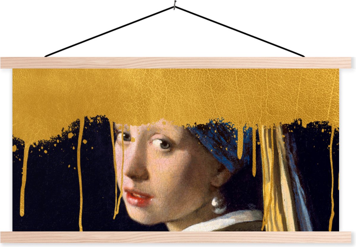 Posterhanger incl. Poster 120x60 cm - Schoolplaat - Meisje met de parel - Goud - Vermeer - Textielposter - Blanke latten