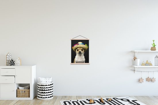 Posterhanger incl. Poster 40x53 cm - Schoolplaat - Hond - Sombrero - Zwart - Textielposter - Blanke latten