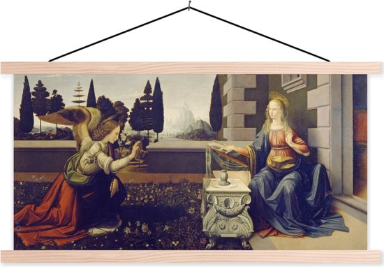 Posterhanger incl. Poster - Schoolplaat - The Annunciation - Leonardo da Vinci - 120x60 cm - Blanke latten