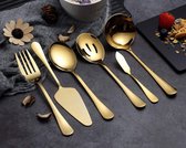 6-delige gouden serveerbestek Zilverwerkset, roestvrijstalen serveergerei set, inclusief taartschep, opscheplepel met sleuven, opscheplepel, vork voor koud vlees, botermes, soeplepel