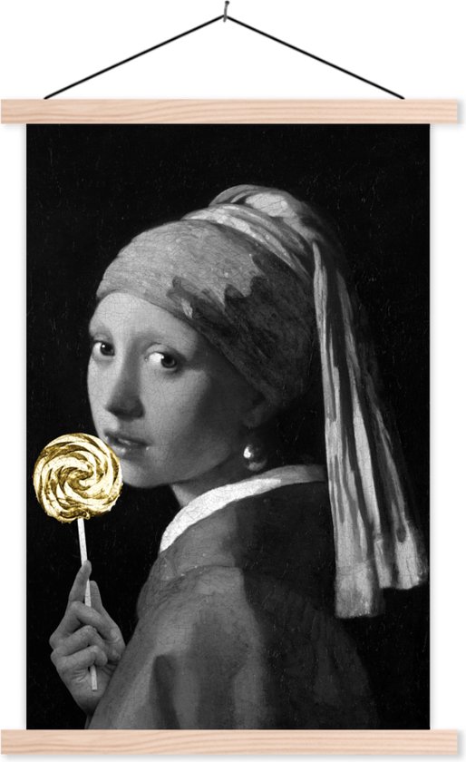 Boucle d'oreille Fille à la perle du maître ancien Johannes Vermeer en noir et blanc avec sucette dorée 120x180 cm XXL / Groot format !