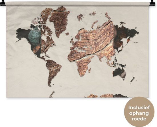 Wandkleed WereldkaartenKerst illustraties - Wereldkaart van verschillend hout op rozige achtergrond Wandkleed katoen 90x60 cm - Wandtapijt met foto