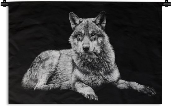 Wandkleed - Wanddoek - Wilde dieren - Wolf - Zwart - Wit - 60x40 cm - Wandtapijt
