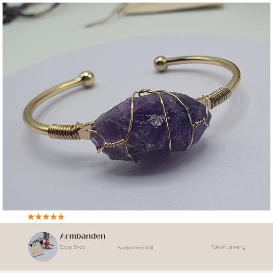 Bracelet en pierre naturelle avec cristaux d’améthys - Emballage de fil de couleur or - Natuursteen violette