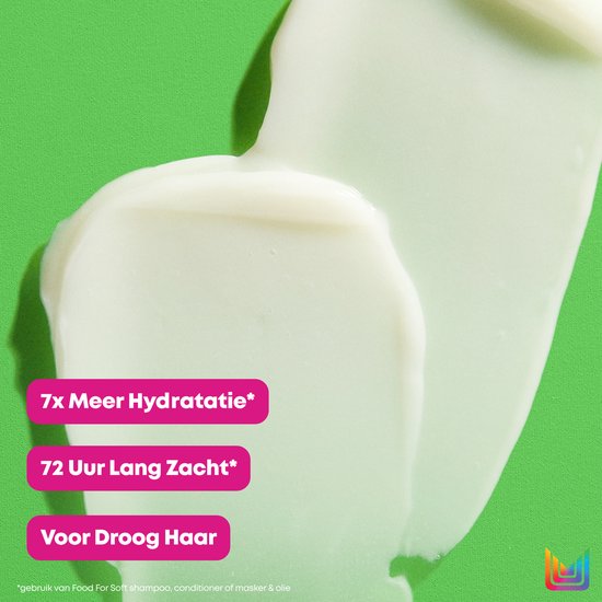 Crème blanche lisse avec texte rose : "7x plus d'hydratation", "Doux pendant 72 heures", "Pour cheveux secs".
