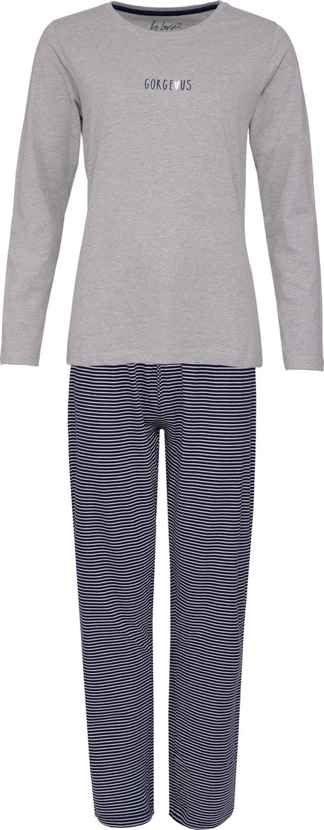 By Louise Dames Pyjama Set Lang Katoen Grijs / Donkerblauw Gestreept