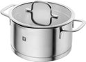 Roestvrijstalen kookpot met glazen deksel en twee handgrepen.