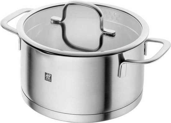 Roestvrijstalen kookpot met glazen deksel en twee handgrepen.