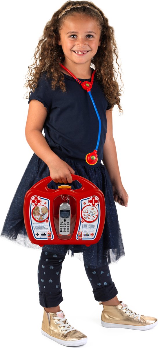 Klein Toys dokterskoffer met mobiele telefoon - stethoscoop, thermometer, reflexhamer, injectiespuit, pincet, oorspiegel, schaar, verpleegsterskapje, naamplaatje, pleisters - multicolor — afbeelding 6