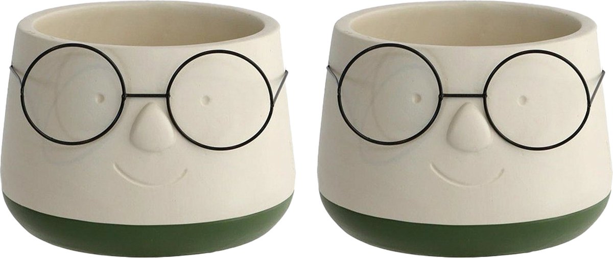 Ideas4seasons Bloempot/plantenpot gezicht met brilletje - 2x - wit/groen - voor kamerplant - D14