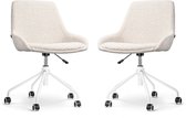 Nolon Nout-Isa Bureaustoelen Set van 2 Bouclé Beige - Stof - Verstelbaar - Wielen - Zonder Armleuning - Wit Onderstel