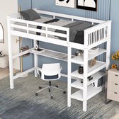 Lit Mezzanine 140 X 200 Cm Avec éclairage Led, Pour Adultes Et Adolescents, Avec Bureau, étagre Pc, Prises Usbélectriques Blanc