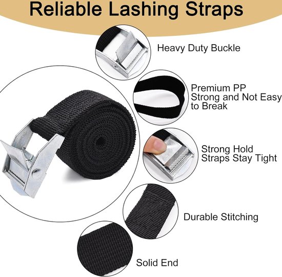 Spanbanden kort, 2 m, 8 stuks spanbanden voor fiets, zwart, korte sjorbanden, verstelbare bevestigingsriem met klemsluiting voor auto, fiets, steekwagen, motorfiets, bagage, camping