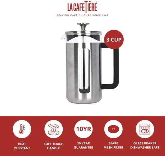 Cafetière, 3 Kopjes, RVS, Zilver - La Cafetière | Pisa