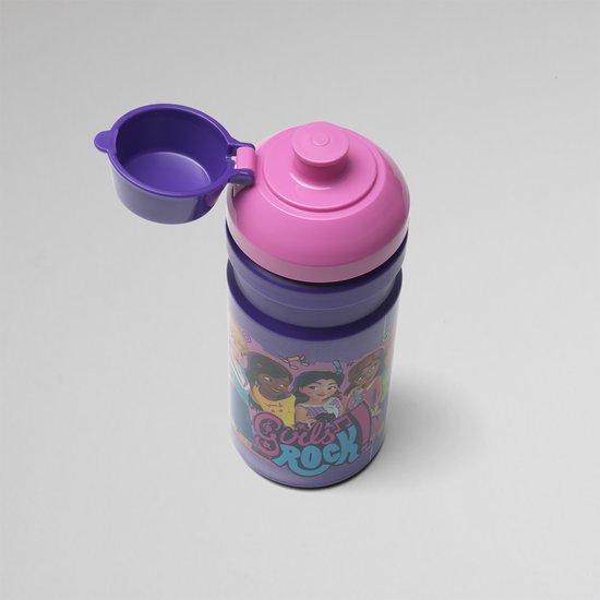 Gourde violette avec illustration LEGO Friends, couvercle violet ouvert et bouchon rose.