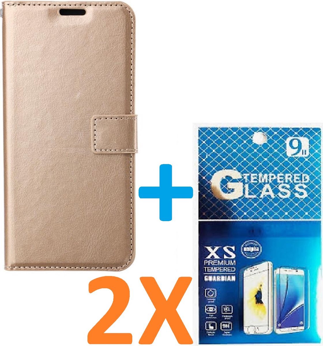 Portemonnee Book Case Hoesje + 2x Screenprotector Glas Geschikt voor: iPhone 15 - Goud