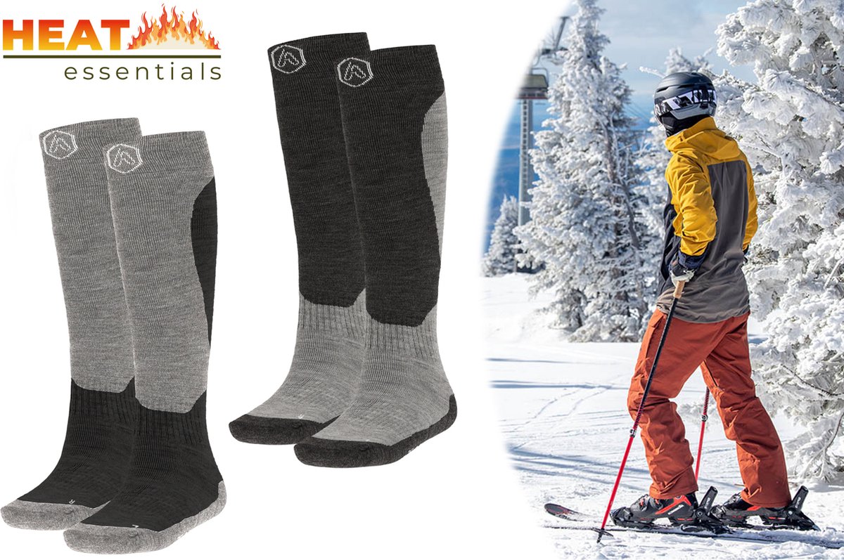 Heat Essentials Ski Sokken 46-48 – 2 Paar Unisex Extra Ondersteuning en Demping Warme Sokken met Wol Skisokken Heren Skisokken Dames Wintersport Sokken Huissokken Compressie sokken Grijs