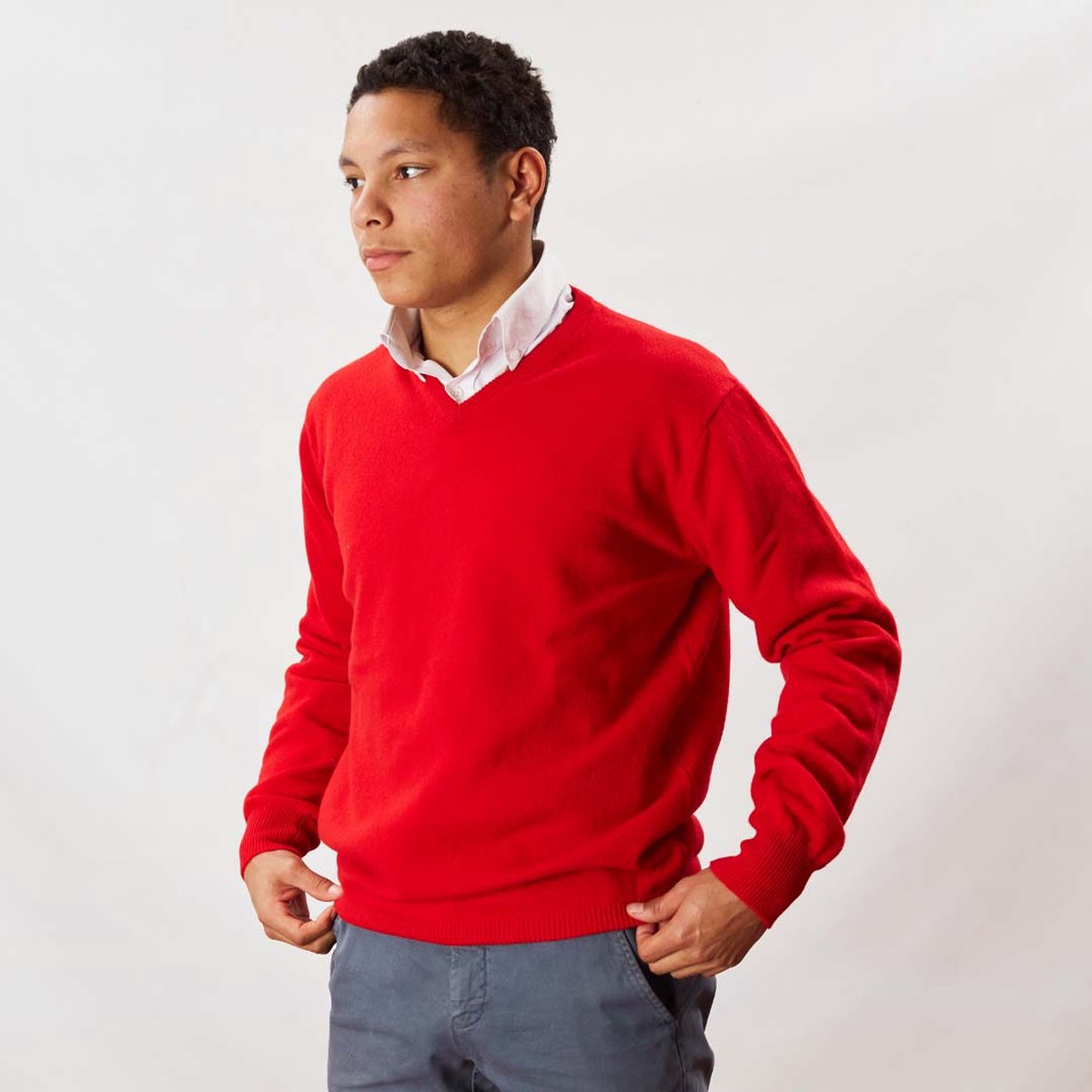 Osborne Knitwear Trui met V hals - Sweater heren in Lamswol - Pullover Heren - Tartan Scarlet - XL