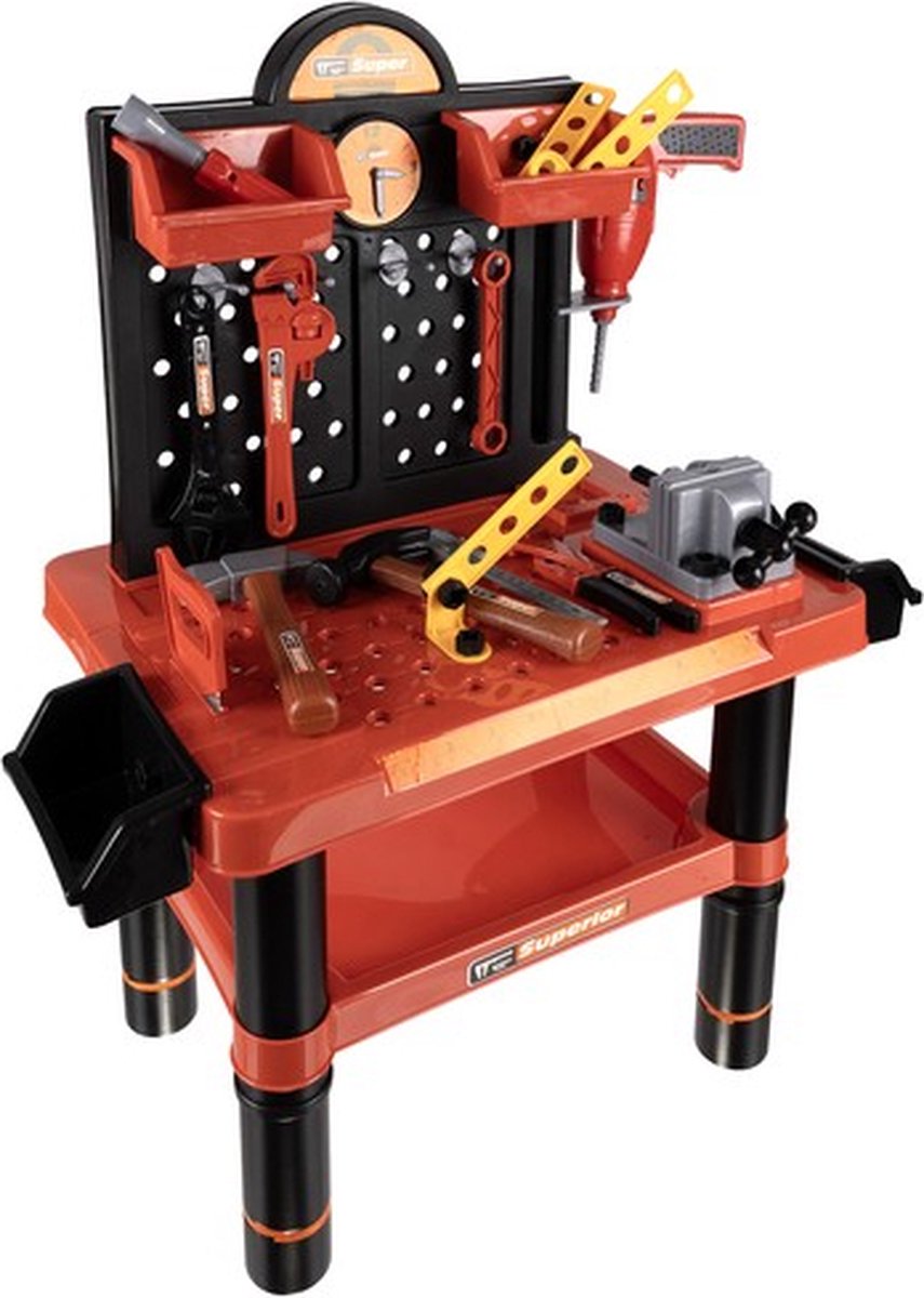 Playos® - Speelgoedwerkbank - Rood / Zwart - met Boormachine - Gereedschap - Klussen - Rollenspel Speelgoed - Educatief Speelgoed - Speelgoed Gereedschap - Werktafel - Werkbank -Bouwset — afbeelding 3
