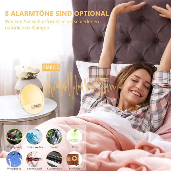 FM Radio Natuurgeluiden Lichtwekker, Daglichtwekker, Wake-up Light, Simulatie Van De Zonsopgang, FM-wekker, Radio, 5 Natuurlijke Geluiden, 2 Sluimeralarmen, 12 Lichtkleuren Alarm Clock Sunrise