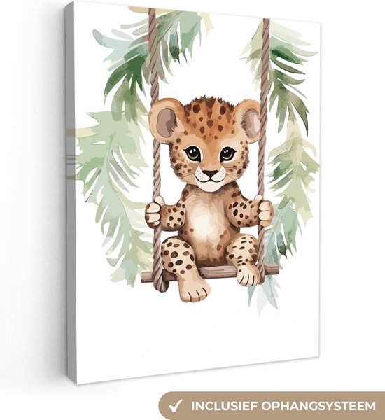 Canvas Schilderij Luipaard - Dier - Kinderen - Jungle - Kinderkamer accessoires - Babykamer decoratie - 60x80 cm - Dieren wanddecoratie voor jongen en meisje