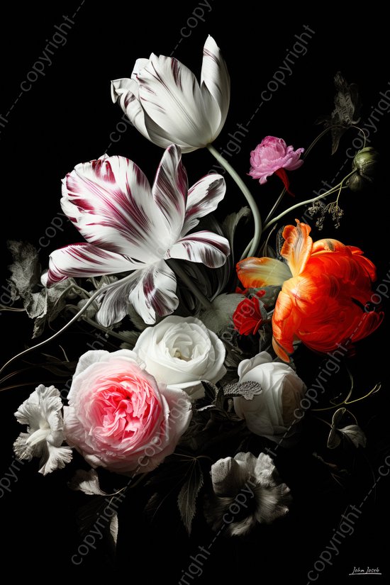 JJ-Art (Canvas) 150x100 | Bloemen, rozen en tulpen, stilleven, deels zwart wit, kunst | roos, tulp, bloem, plant, rood, paars, zwart wit, modern | Foto-Schilderij canvas print (wanddecoratie)