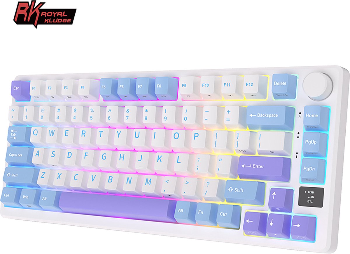 Royal Kludge RKM75 - RGB Mechanisch Gaming Toetsenbord - Met Display - Foam Touch - Taro Milk - Bluetooth - Hot Swappable Switch - Silver Switches - Inclusief Stofkap